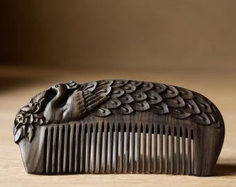 Hand Carved Peacock Ebony Hair Comb, Vintage Natural Sandalwood Wooden Anti-static Grooming Comb Peacock Carved