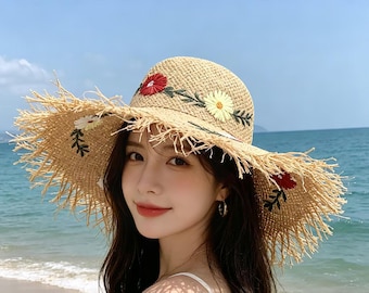 Handwoven Floral Embroidered Wide Brim Straw Hat, Frayed Edge Summer Beach Sun Hat for Women