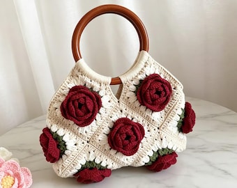 Ręcznie robiona torba szydełkowa z kwiatowym wzorem, torebka z dzianiny z motywem róży 3D, drewniana rączka, torba na ramię Cottagecore do codziennego użytku