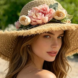 Elegant Tan Straw Hat with Cream Flower Accent Musk Ivory Rose Corsage Straw Sun Hat - Pritzy main image 4