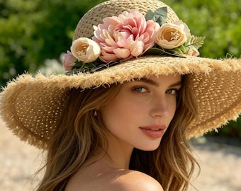 Boho Flower Straw Beach Sun Hat Women Floral Summer Straw Sun Hat Floral Wide Brim Straw Sun Ha