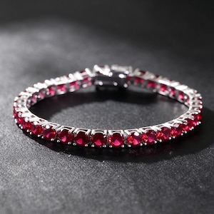 925 Sterling Silver Lab Grown Ruby Tennis Bracelet, 3mm 4mm 5mm Red Gemstone Bracelet Tennis Chain, Elegant Jewelry Gift for Men Women