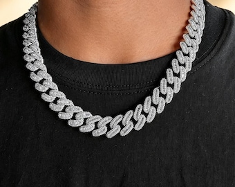 Colar e pulseira de corrente cubana cravejados de zircônias mistas de 15 mm, joia masculina de estilo hip hop para rappers, presente para ele.