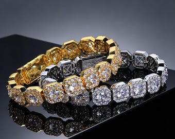 Pulseira de corrente quadrada cravejada de zircônias de 10 mm e 12 mm, estilo tênis, colar gargantilha para homens e mulheres, joias hip hop.