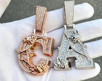 Custom Iced Out Rose Blossom Letter Pendant for Men and Women, Personalized Unique Name Necklace, Hip Hop Jewelry