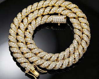 Corrente de cânhamo estilo hip hop cravejada de diamantes de 8 mm, colar ou pulseira masculina com corrente torcida, joias para presente.