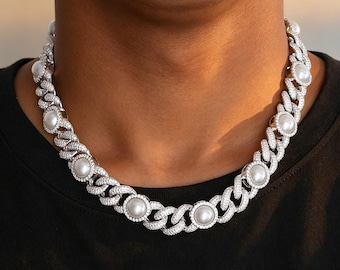 15mm Hip Hop Pearl Cuban Chain Necklace or Bracelet, Men's Iced Out CZ Link Rapper Jewelry, Gift for Him