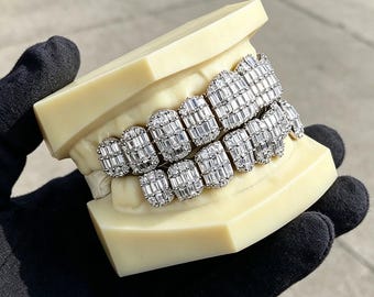Grillz personalizado com corte cravejado de moissanita VVS, estilo hip hop, em prata 925, joias personalizadas para rappers.