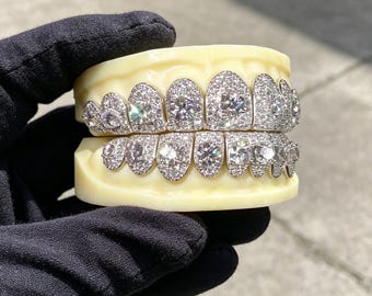 Grillz personalizado em prata 925 cravejado com moissanita VVS, grillz bucal personalizado, joias para rappers de hip hop, kit de molde grátis.