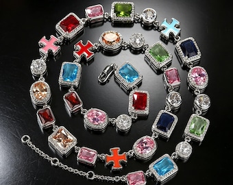 10mm Exquisite and Luxurious Geometric Adjustable Colored Gemstone Bracelet and Necklace, Bling Anklet, Men's and Women's Fashion Jewelry