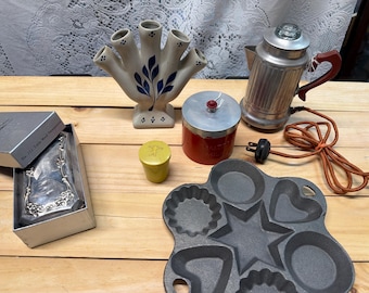 Vintage Cast Iron Muffin Pan – Heart, Star & Round Shapes – Cornbread or Dessert Baking