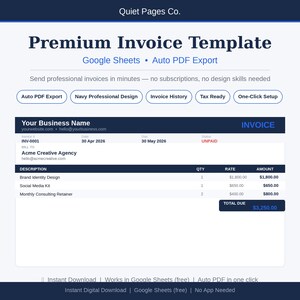 May include: A digital invoice template with the text "Premium Invoice Template" and "Google Sheets • Auto PDF Export." The invoice includes fields for business name, invoice number, date, and a breakdown of services with amounts.