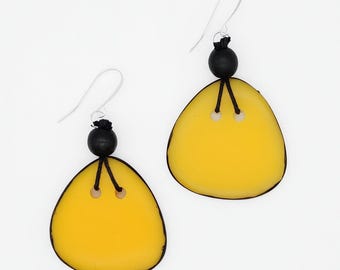 Yellow Statement Earrings, Mustard Resin Dangle Earring, Lightweight Modern Earrings, Black Wood Bead Earrings, Contemporary Artisan Jewelry