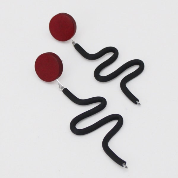 Black and Red Rubber Tubing Earrings, wooden earrings, statement earrings, dangle earrings, modern earrings, unique and artistic jewelry