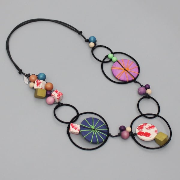 Multi-color statement necklace, statement necklace for women, funky jewelry, link necklace, wooden necklace, lightweight necklace