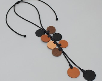 Brown pendant Necklace, Leather disc Necklace, bold necklace, funky bold jewelry, lightweight necklace, adjustable necklace, casual necklace