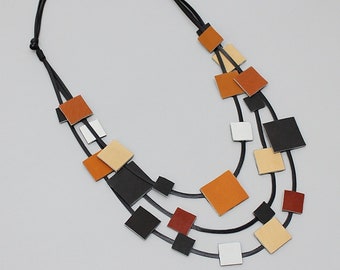 Brown leather statement Necklace, Geometric Necklace, Modern Necklace, art jewelry, multi-strand jewelry, leather necklace, funky necklace