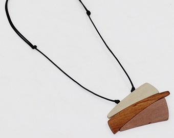 Geometric Wood Pendant Necklace, brown statement necklace, funky statement jewelry, big bold necklace, lightweight necklace