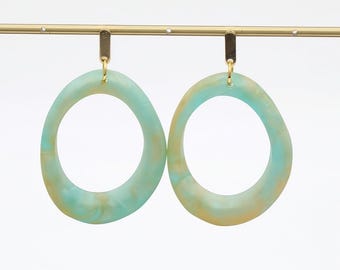 Teal Resin Hoop Earrings, Aqua Statement Earrings, Open Oval Earrings, Modern Geometric Dangle Earrings, Contemporary gift for Women
