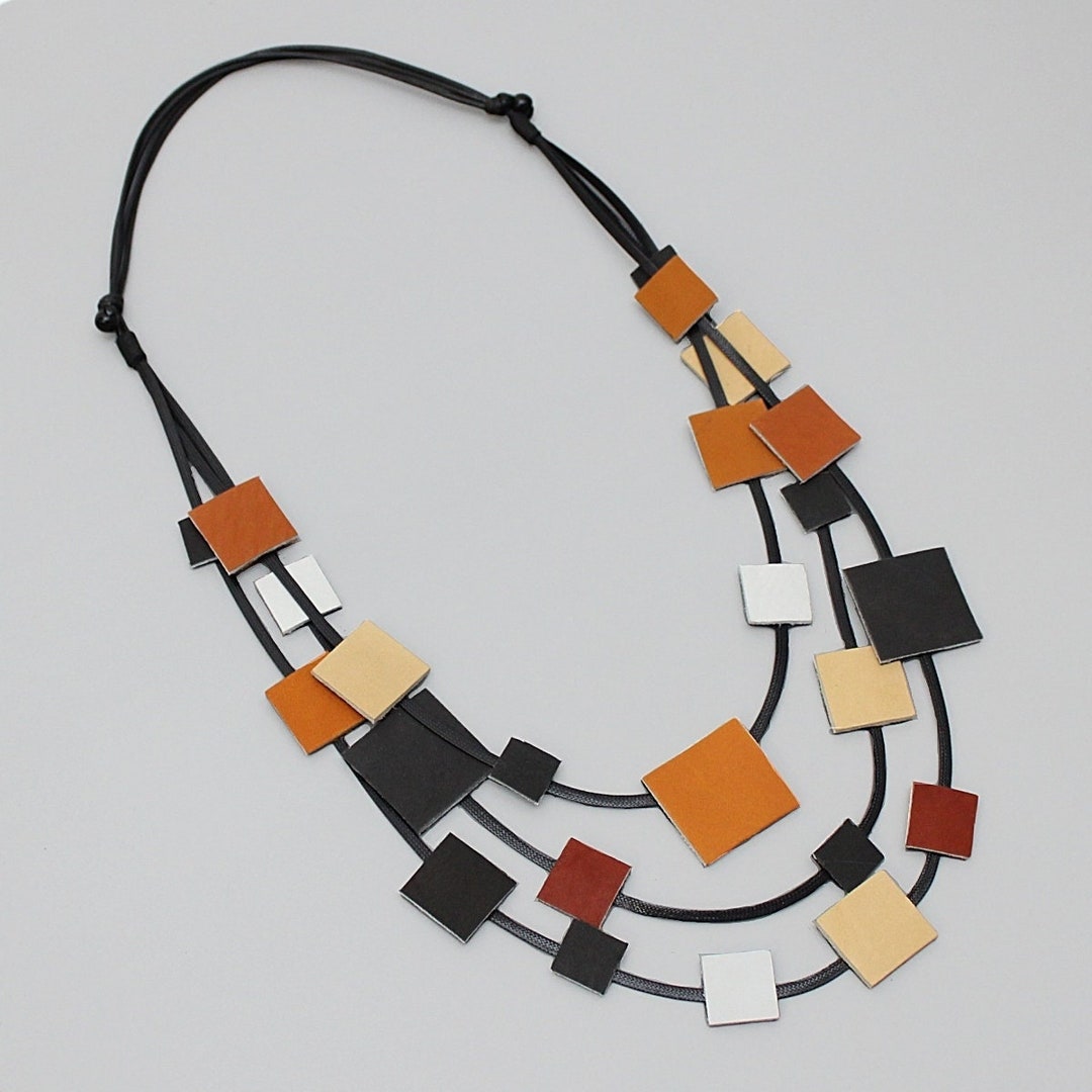 Brown Leather Statement Necklace, Geometric Necklace, Modern Necklace