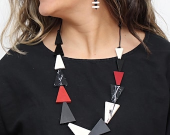 Red and Black Triangle Statement Necklace, Wooden necklace, Artistic jewelry, Lightweight funky necklace