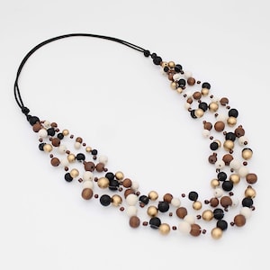 Black and Gold Multi Strand Necklace, statement necklace, wooden chunky necklace, small bead necklace, multi-strand necklace
