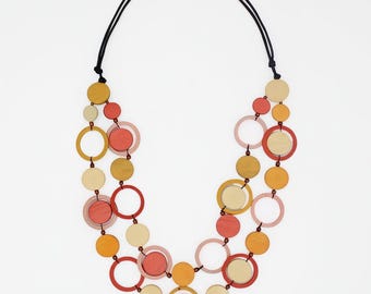 Peach Coral Wooden Statement Necklace, Geometric Circle Necklace, Layered Artisan Necklace, Modern Lightweight Jewelry for Women