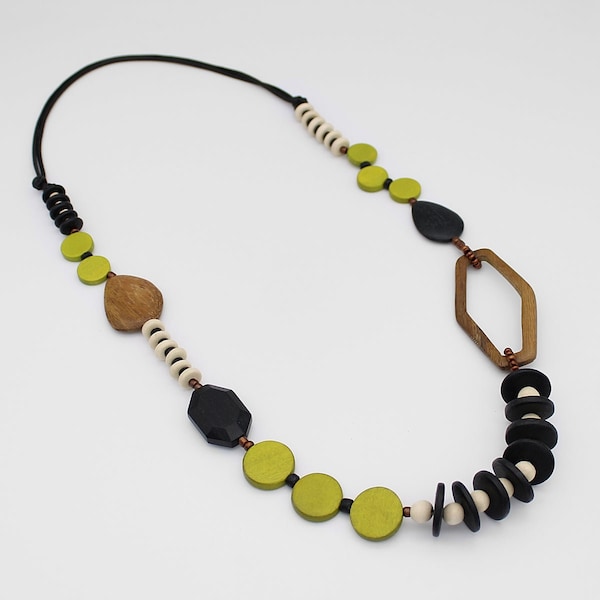 Lime Wood Bead Statement Necklace: Long Artistic Design