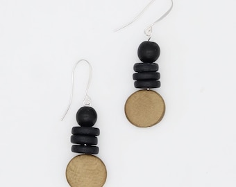 Natural Wood Statement Earrings, Brown and Black Dangle Earrings, Modern Geometric Earrings, Lightweight Everyday Jewelry, Artisan Earrings