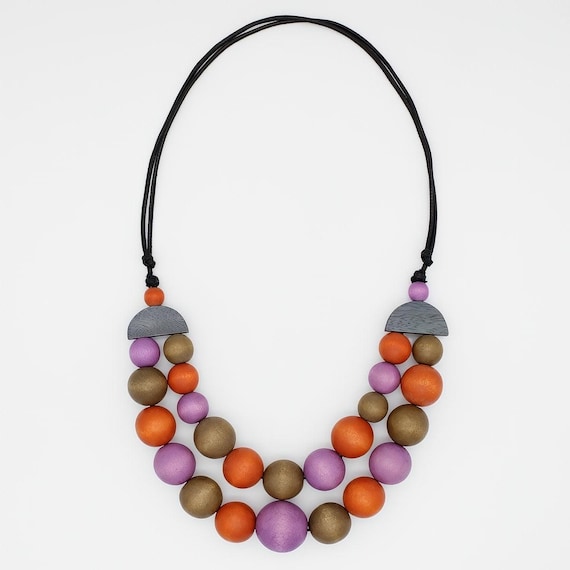 Orange Zuri Round Bead Necklace, orange necklace, double strand necklace, wood bead necklace, colorful necklace, statement necklace