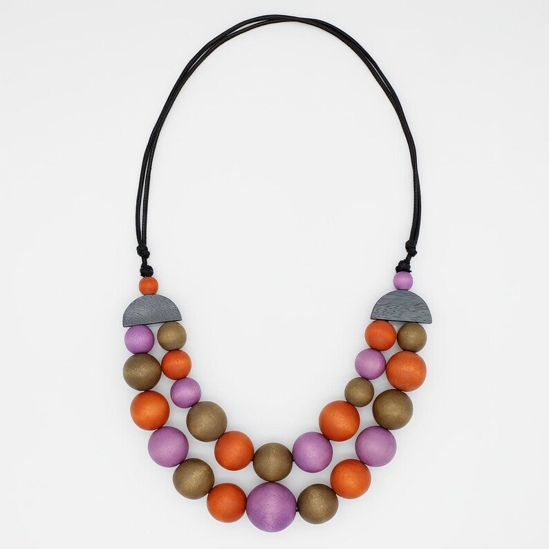 Orange Zuri Round Bead Necklace, orange purple necklace, orange wood necklace, colorful round bead necklace, bold necklace