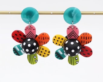 Whimsical Flower Earrings, Colorful Statement Earrings, Artistic Floral Jewelry, Bold Handmade Earrings, Lightweight Fashion Earrings