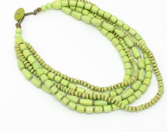 Multi strand lime green chunky necklace, funky statement jewelry, big bold chunky necklace, wood beaded necklace