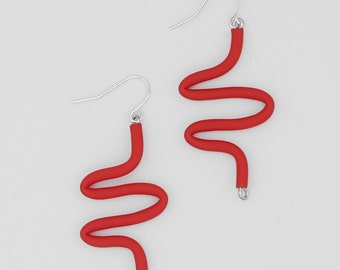 Bold Red Squiggle Earrings, Lightweight Statement Dangles, Modern Wavy Drop Earring