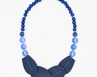 Blue Statement Necklace, Navy Wooden Bib Necklace, Modern Geometric Necklace, Lightweight Artisan Jewelry, Handmade Necklace for Women