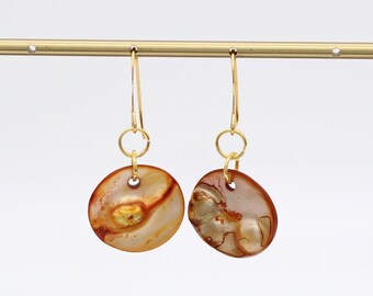 Caramel Shell Drop Earrings, Gold Hook Earrings, Modern Minimalist Jewelry, Lightweight Everyday Earrings, Artisan Shell Jewelry