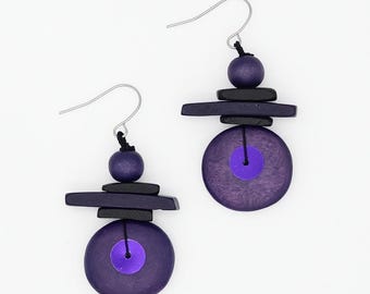 Purple Statement Earrings, Geometric Wood Earrings, Lightweight Modern Dangle Earrings, Contemporary Artisan Jewelry, Bold Circle Earrings