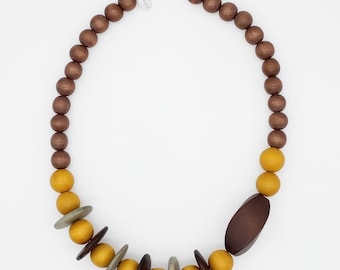 Mustard Yellow Statement Necklace, Lightweight Wooden Bead Necklace, Brown Gold Modern Necklace, Neutral Fall Jewelry, Bold Yet Easy to Wear