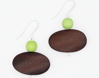 Brown Wood Statement Earrings, Lime Green Bead Earrings, Lightweight Geometric Dangle Earrings, Modern Artisan Jewelry,  Boho Earrings