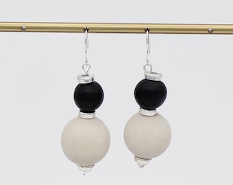 Modern Black White Earrings, Wooden Bead Drop Earrings, Minimalist Everyday Jewelry, Lightweight Handmade Earrings, Modern Fashion Accessory