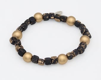 Black Gold Beaded Bracelet, Stretch Wood Bracelet, Artisan Statement Bracelet, Modern Chunky Bracelet,  Stackable Bracelet Gift for Women
