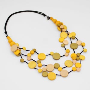 Yellow Wood Bead Statement Necklace: Adjustable Multi Strand