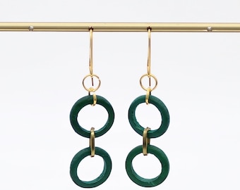 Emerald Green Hoop Earrings, Minimalist Dangle Earrings, Lightweight Statement Earrings, Modern Geometric Jewelry, Gold Drop Earrings