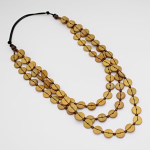 Mustard Yellow Wooden Disc Necklace: Triple Strand Statement Jewelry