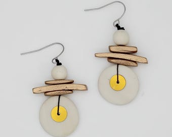 Gold and Ivory Statement Earrings, Geometric Wood Dangle Earrings, Lightweight Modern Earrings, Handmade Artisan Jewelry, Modern Earrings