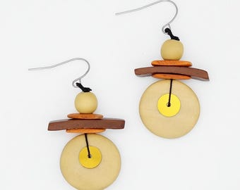 Butter Yellow Statement Earrings, Geometric Wood Earrings, Lightweight Dangle Earrings, Contemporary Artisan Jewelry, Neutral Boho Earrings