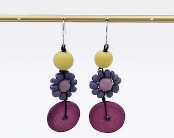 Purple Flower Wood Earrings, Handmade Floral Dangle Earrings, Lightweight Statement Earrings, Artisan Wooden Earrings, Colorful Boho Gift