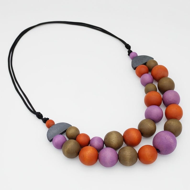 Orange Zuri Round Bead Necklace, orange purple necklace, orange wood necklace, colorful round bead necklace, bold necklace