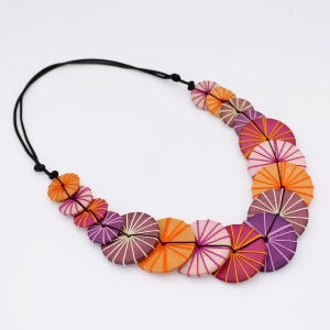 Bold Purple and Orange Wooden Statement Necklace, Geometric Layered Necklace, Handmade Lightweight Jewelry