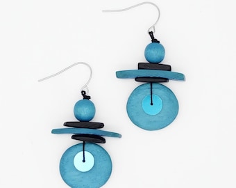 Aqua Blue Wood Disc Earrings, Modern Geometric Statement Earrings, Handmade Lightweight Earrings, Contemporary Wooden Jewelry
